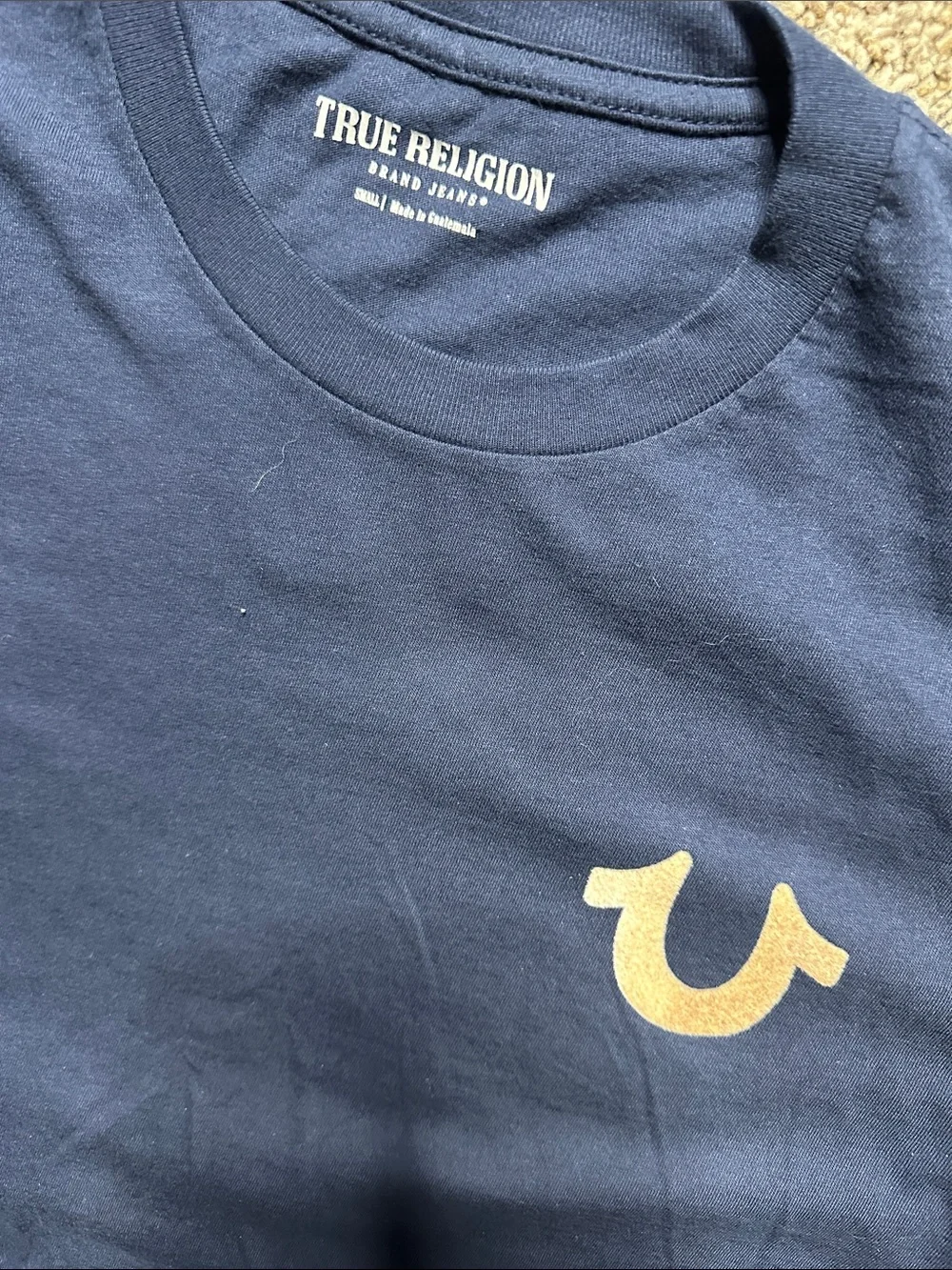 True Religion Men's Navy T-Shirt with Cream Horseshoe Logo